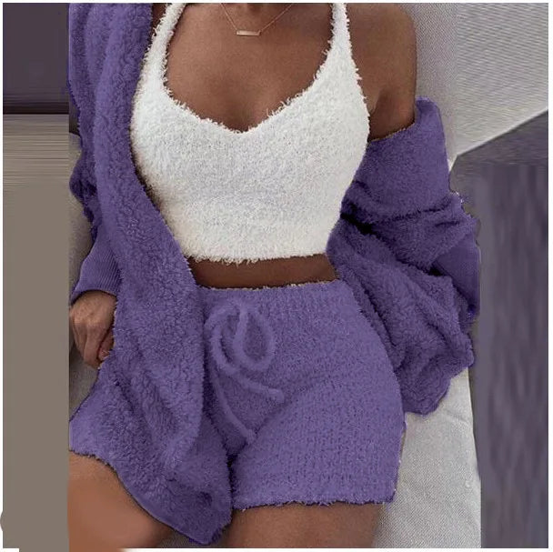 Fluffy Three Piece Set Lounge Sexy 3 Piece Set Women Sweater knit Set Tank Top And Pants Casual Homewear Outfits Home Suit