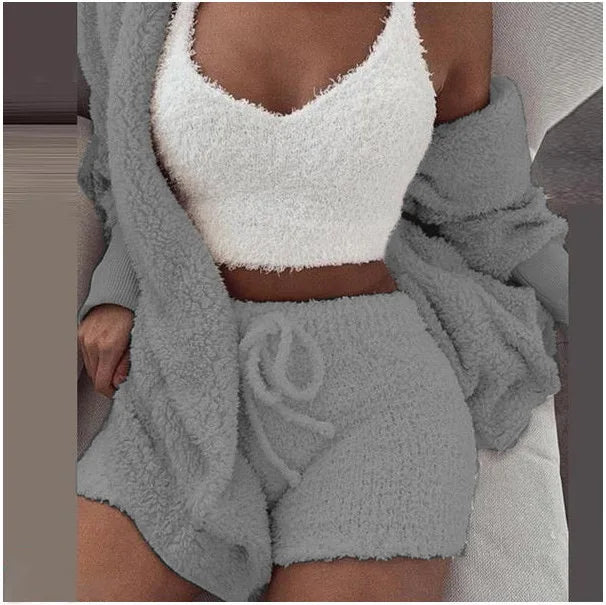 Fluffy Three Piece Set Lounge Sexy 3 Piece Set Women Sweater knit Set Tank Top And Pants Casual Homewear Outfits Home Suit