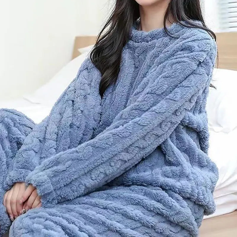 Women Solid Warm 2 Piece Sets Thicken Velvet Ribbed Fleece Set Pullover And Pants Women Casual Pajama Sets