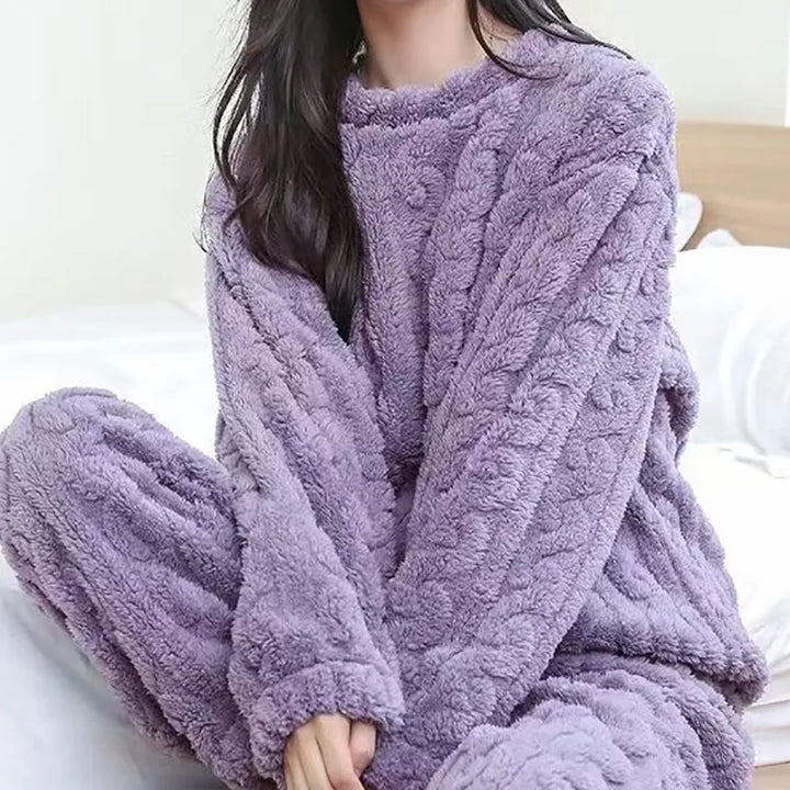 Women Solid Warm 2 Piece Sets Thicken Velvet Ribbed Fleece Set Pullover And Pants Women Casual Pajama Sets